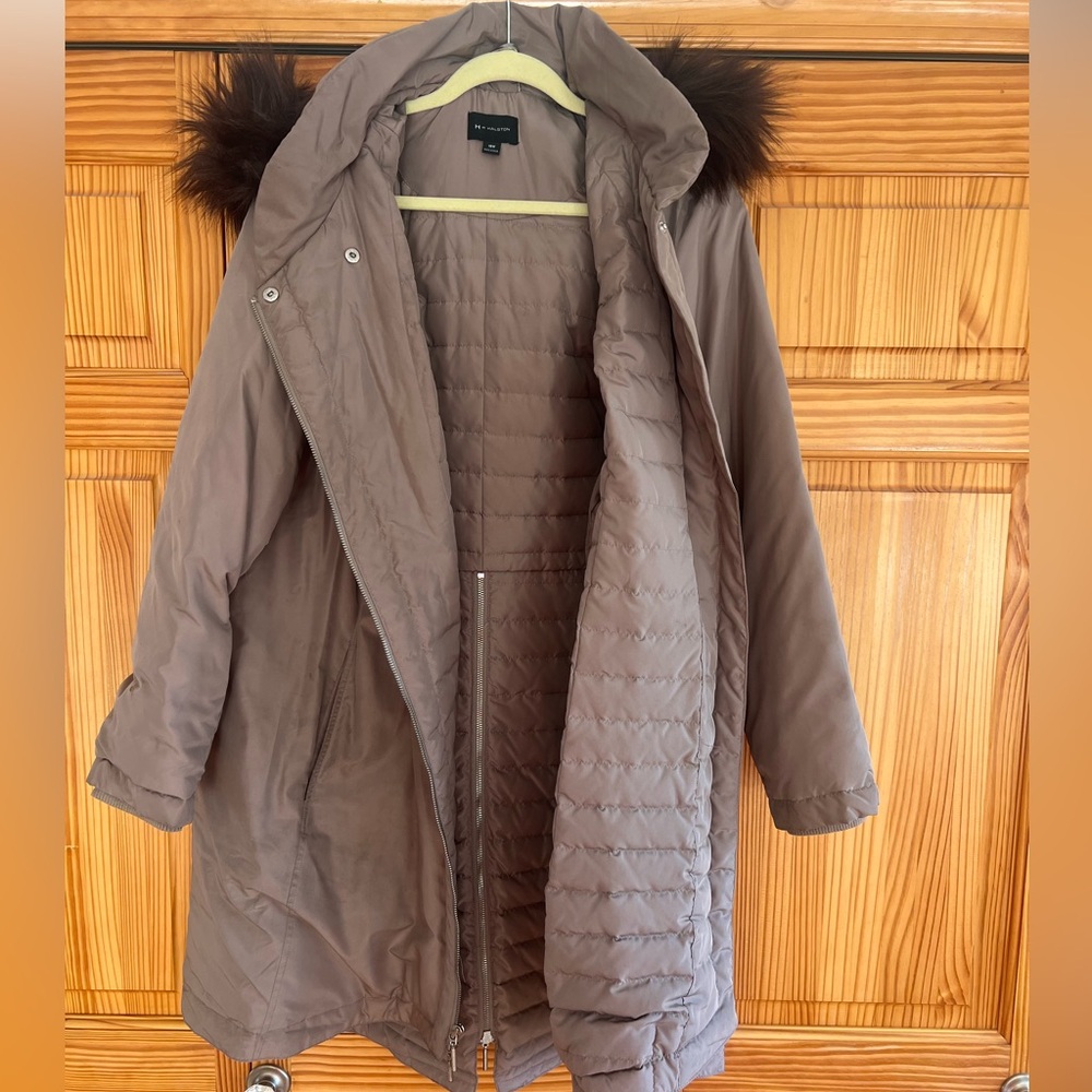H by Halston Stone/Taupe Parka Coat with Faux Fur Detachable Hood Size 18W NWOT